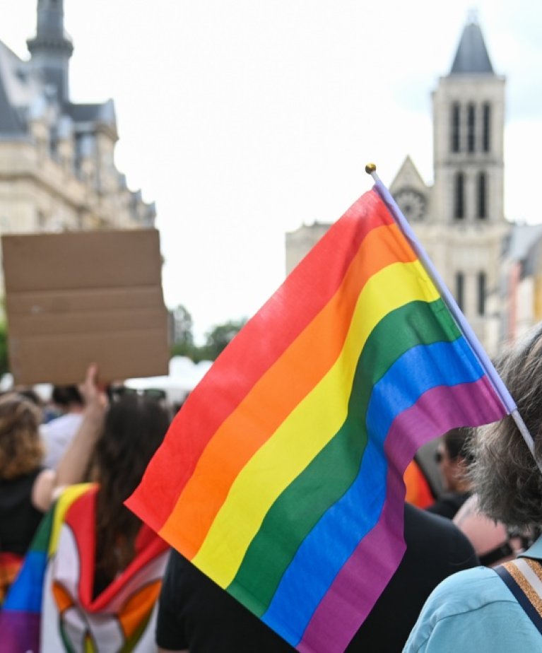 Dame tenant un drapeau multicolore devant la Basilique de Saint-Denis